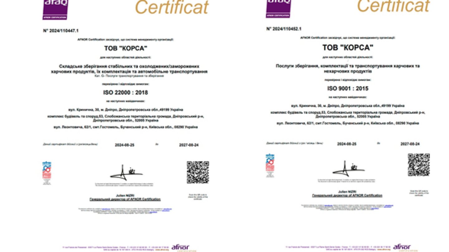 Pakline Group підтверджує відповідність міжнародним стандартам ISO 9001:2015 та ISO 22000:2018