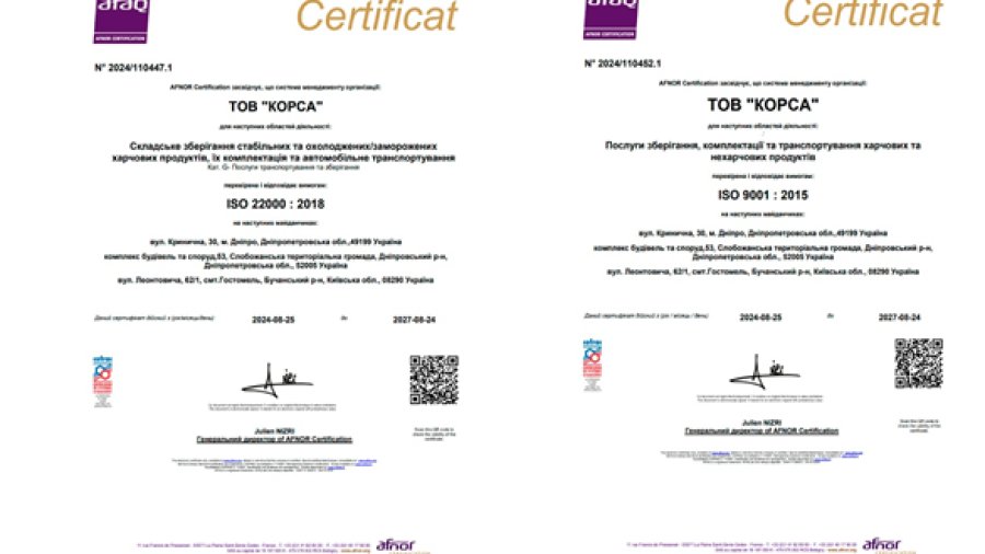 Pakline Group підтверджує відповідність міжнародним стандартам ISO 9001:2015 та ISO 22000:2018